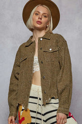 POL Raw Hem Button Up Jacket with Chest Pockets Olive OutfitFlow